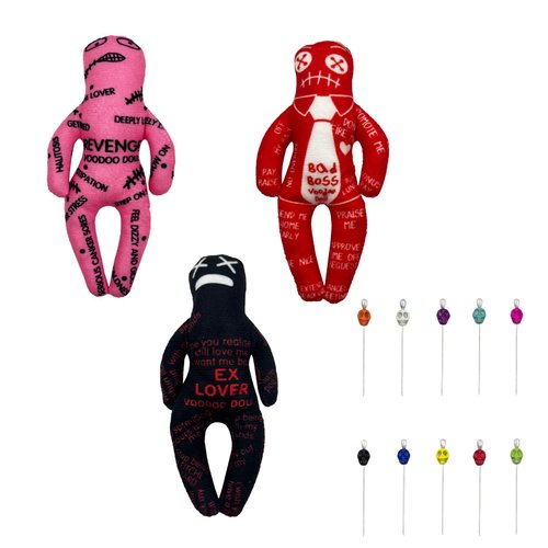 Stitch-Witch Halloween Decor, 3 Voodoo Dolls and 10 Skull Head Pins, Revenge Voodoo Doll, EX Lover Voodoo Doll, Bad Boss Voodoo Doll