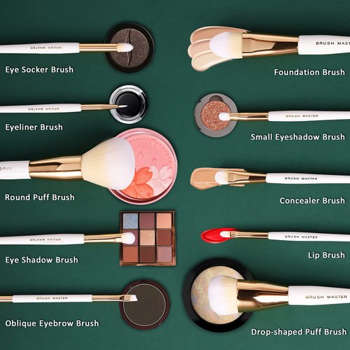 Brush Master Makeup Brushes Set 10Pcs Professional Kabuki Foundation Eyeshadow Blush Blending Lip Full Face Cosmetic Kit W/Makeup Brush Set with Holder