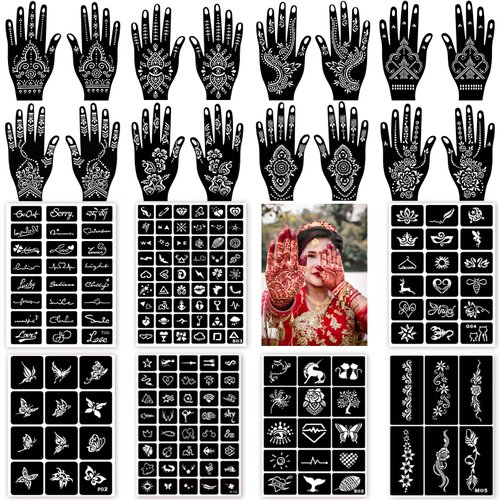 ChurlChurl 185+pcs Henna Tattoo Stencils, 23 Sheets Temporary Tattoo Stencils for Women Girls Kids Face Body Paint DIY Art Glitter Airbrush Tattoo Stencils Pack