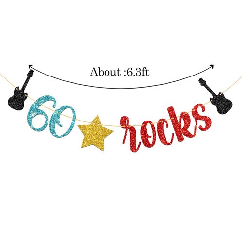 WeBenison 60 Rocks Birthday Banner Rock and Roll Music Theme 60th Birthday Banner / 60's Rock Guitar Birthday Party Decorations Glitter (60)
