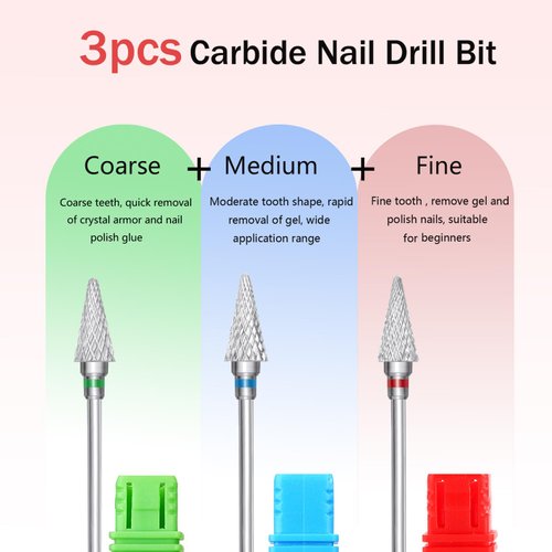 ASWEINA 3pcs/Pack Nail Drill Bits for Acrylic Nails, 3/32" Carbide Bits Fast Remove Acrylic or Hard Gel Polishing Suitable for Manicure Pedicure Nail Art Cuticle Bits(M6)