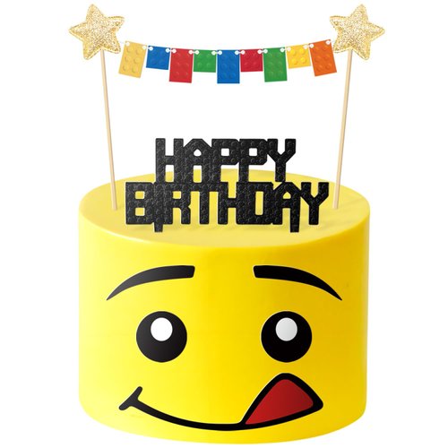 Building Blocks Cake Topper,Star Flag Banners Bunting Banner Cake Toppers 3D Print Birthday Cake Topper Character Face Design Party Supplies Decorations for Boys Girls