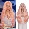 Fancy Hair Peach Pink Wavy Wig 28 Inch Natural Wavy Curly Synthetic Wig for Women Long Pastel Pink Middle Part Wig for Halloween Party Cosplay Daily Use