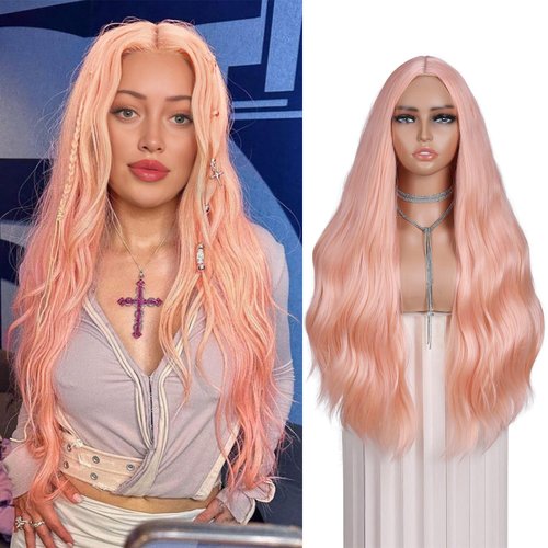 Fancy Hair Peach Pink Wavy Wig 28 Inch Natural Wavy Curly Synthetic Wig for Women Long Pastel Pink Middle Part Wig for Halloween Party Cosplay Daily Use