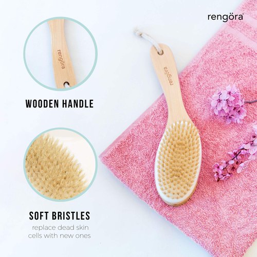 Exfoliating Body Scrubber: Dual-Use for Wet/Dry Exfoliation, Lymphatic Drainage & Cellulite Smoothing - Natural Boar Bristle Dry Brushing Body Brush, Ergonomic Handle, Easy to Clean by Rengöra