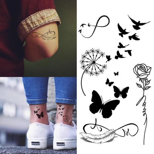 Oottati 2 Sheets Small Tiny Temporary Tattoo Stickers Dandelion Butterfly Bird Rose Feather