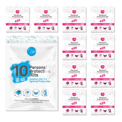 Personal Protection Kit TO GO, Mini 4 Item PPE Kit for Travel and School | Includes 1 Each of Face Covering, Gloves, Cleansing Wipes & Hand Cleansing Gel | 10 - Pack (Pink)
