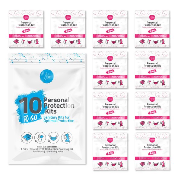Personal Protection Kit TO GO, Mini 4 Item PPE Kit for Travel and School | Includes 1 Each of Face Covering, Gloves, Cleansing Wipes & Hand Cleansing Gel | 10 - Pack (Pink)