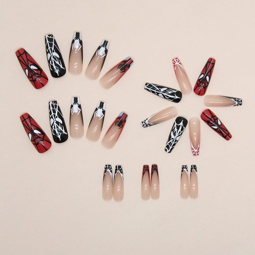 24 Pcs Halloween Fake Nails Long Black Spider Web Press on Nails Black Red French Tip False Nails Full Cover Halloween Glue on Nails Square Artificial Nails Halloween Acrylic Stick on Nails for Women