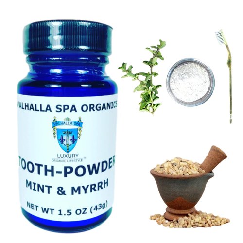 Tooth Powder with Mint and Myrrh Gum | Natural Toothpaste | Fluoride Free | Whitening | Polishing | Valhalla Spa Organics 1.5 oz