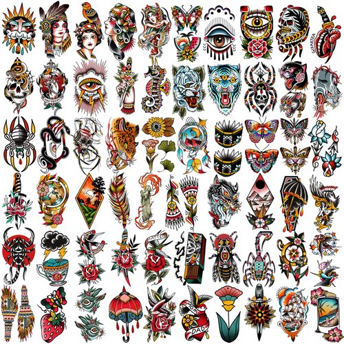 77 Sheets Vintage Temporary Tattoo, Old School Temporary Tatoos Flower Swallows Butterflies Tiger Scorpion Snake Hand Owl Swords for Women Girls and Men, Half Arm Fake Tattoos for Adults Shoulder Arm