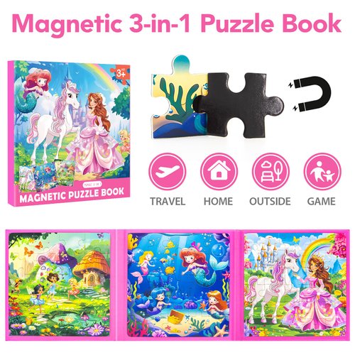 Princess Magnetic Puzzles for Toddlers 3-5 Girls, 20-25-30 Pieces Mermaid Puzzles for Kids Ages 4-6, Kids Puzzles Travel Entertainment Toys Magnet Puzzles for 2 3 4 5 6 Year Old Girls Birthday Gifts