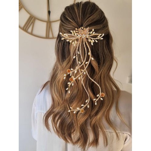 YBSHIN Bride Wedding Rhinestone Hair Comb Gold Flower Leaf Hair Pieces Crystal Bridal Hair Accessories for Women