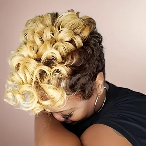 Nicelatus Short Pixie Cut Wigs with Wavy Bangs Ombre Brown Hair Wig Short Wigs for Black Women… (Nicelatus-Gj9632)