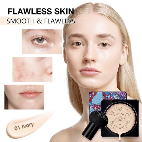 Air Cushion CC Cream Mushroom Head Foundation, BB Cream Face Makeup Foundation for Mature Skin Moisturizing Concealer Brighten Long-Lasting, Even Skin Tone for All Skin Types (01#ivory tint, 1)