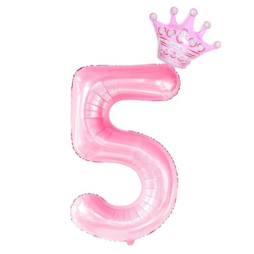 40 Inch Pink Number 5 Balloons With Crown,5th Birthday Decorations,Anniversary Party Supplies. (Pink 5)