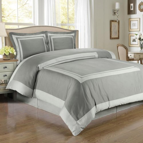 2 Piece Twin XL Size Hotel Wrinkle Free Gray and Light Gray Duvet Cover Set, 100% Egyptian Cotton