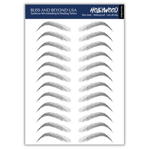 Bliss and Beyond USA | Waterproof Eyebrow Tattoo Stickers. A real hair stroke look. Hair replacement without surgery. Solution for hair loss. Tinted eyebrow tattoos. (New Hollywood, Natural Black)