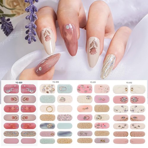 Foweso 7 Sheets Flower Gel Nail Stickers 3D Self-Adhesive Gel Nail Strips Supply Spring Flowers Leaf Nail Polish Stickers Full Nail Wraps for Women and Girls DIY Manicure Gel Nail Decals Decoration