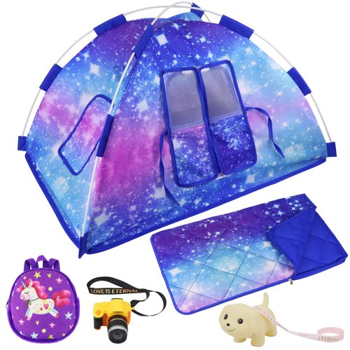 Ecore Fun 5 Items 18 inch Dolls Camping Tent Set and Accessories Including Girl Doll Tent, Sleeping Bag, Backpack, Toy Camera and Dog