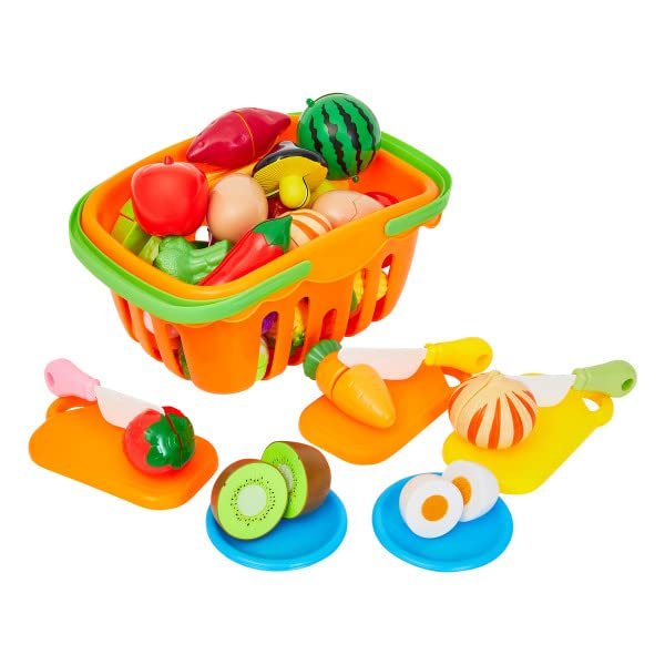 Hey! Play! 46-Piece Play Food Set - Includes 35 Cutting Play Food Toys, Grocery Basket, 3 Cutting Boards, 3 Knives, and 4 Dishes - for Ages 3 and Up, Orange (80-PP170010)