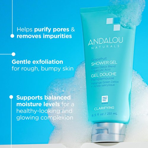 Andalou Naturals Body Wash, Clarifying Grapefruit Shower Gel, Gentle Exfoliating Salicylic Acid Body Wash with Tea Tree & Witch Hazel, Targets Back Acne, Blemishes & Excess Oil, 8.5 fl oz