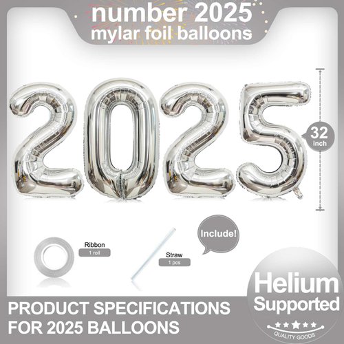 Silver 2025 Balloons, Giant 32 Inch Silver 2025 Number Balloons,2025 Happy New Year Silver Balloons for New Year Eve Party Supplies 2025, New Years Decorations 2025, Christmas, Graduations Decorations