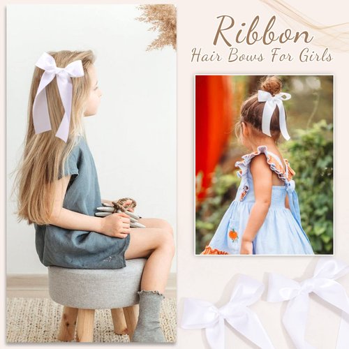 2Pcs Long Ribbon Hair Bows for Girls Hair Clip Silk Hair Bow Ribbon Hair Accessories for Baby Toddlers Infant Teens Kids (White)
