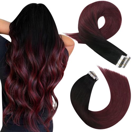 Moresoo Burgundy Tape in Hair Extensions Balayage Off Black to Burgundy Hair Extensions Real Human Hair Tape in Ombre Human Hair Tape in Extensions Balayage 16 Inch #1B/99J 20pcs 50g