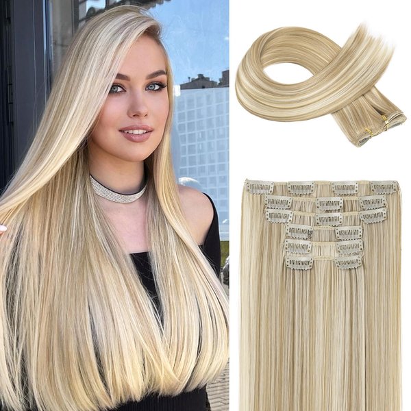 FLUFYMOOZ 6PC Clip in Hair Extensions 24" Straight Long Extensions for Women Synthetic Hairpiece (Blonde with Blonde Highlights)