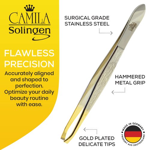 Camila Solingen CS30 3.5 Inches Gold Tipped, Surgical Grade, German Stainless Steel Tweezers (Claw) - Flawless Eyebrow and Facial Hair Shaping and Removal for Men/Women