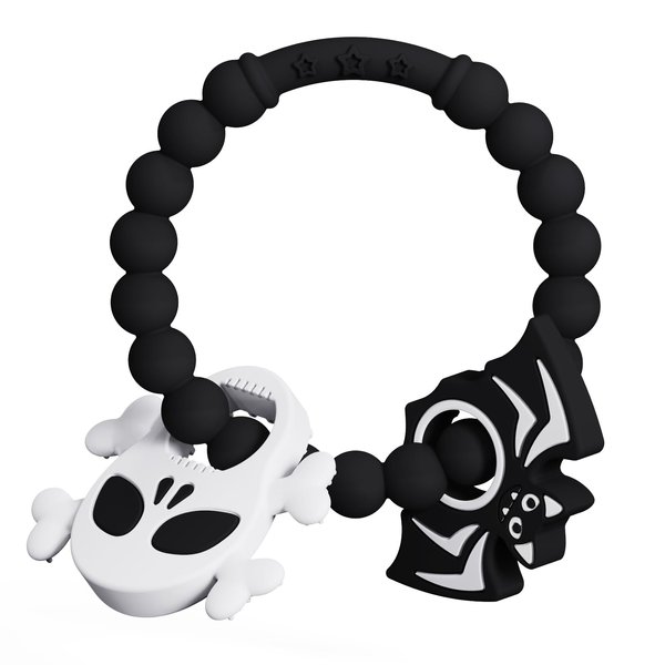 Halloween Baby Teething Ring Toys – Skull & Bat Silicone Teethers for Newborns, Infants & Toddlers – Sensory Chew Bracelet for Teething Relief – Perfect Baby’s First Halloween Basket Stuffers