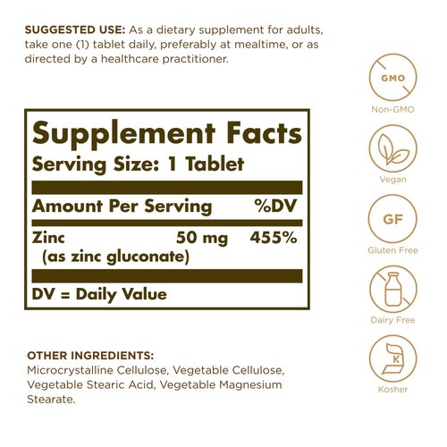 Solgar Zinc 50 mg - 100 Tablets - Antioxidant, Skin & Immune System Support - Non-GMO, Vegan, Kosher, Gluten Free - 100 Servings