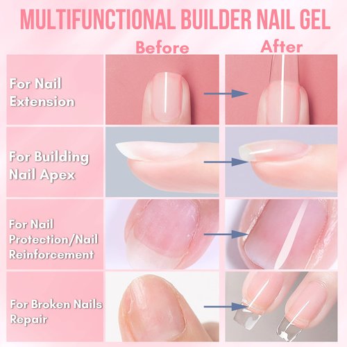 Makartt Clear Builder Nail Gel, 7 in 1 Gel Nail Polish Rubber Base Gel Coat Hard UV Gel Nail Strengthener Extension Thickening Rhinestone Soak Off Builder for Broken Nails Repair, 1 Bottle 15ml