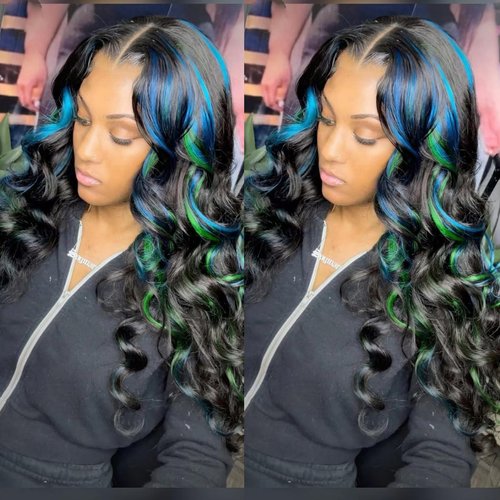 SISIFIRE Blue Green Highlight Lace Front Wigs for Women Pre-plucked Hairline Glueless 13X4 Inch Synthetic Lace Front Wig with Baby Hair Long Loose Body Wave Wigs for Daily Party Wig