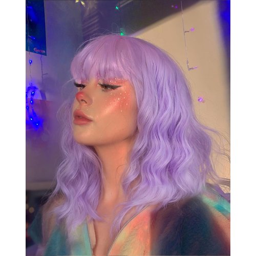YYHR Natural Wavy Wig with Air Bangs Short Bob Loose Wavy Wig Curly Wavy Shoulder Length Bob Synthetic Cosplay Wig for Girl Colorful Costume Wigs (Purple)