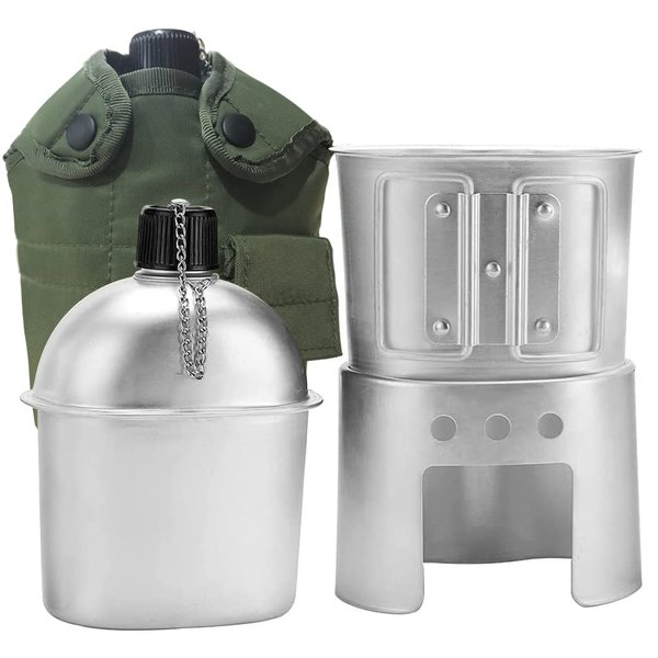 Tempsnow Aluminum Water Canteen Cup Stove Pouch Set Portable Military Canteen with Cup for Outdoor Camping Survival Nature Experience Hiking Backpacking