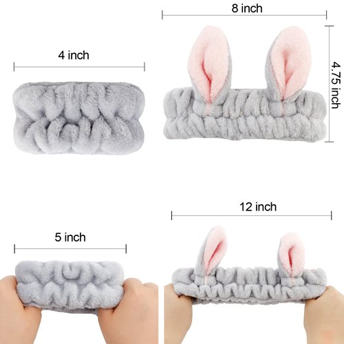 YISSION 6Pcs Face Wash Headbands and Wristbands Set Bunny Ears Headbands Spa Headband Makeup Headband Skincare Headbands with Wristbands for Women Girls Washing Face(Gray White)