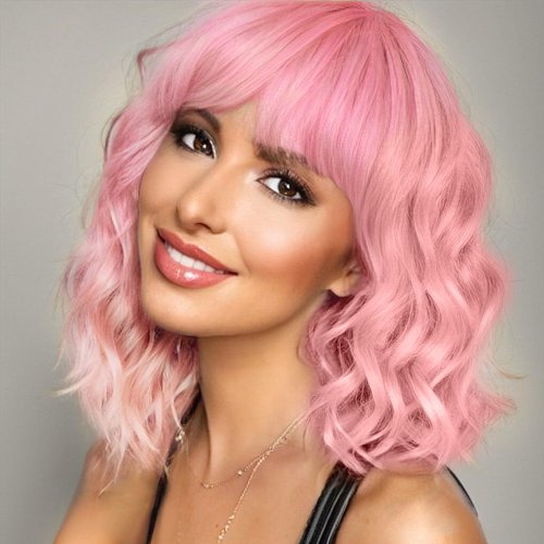 Getshow Pink Bob Wigs for Women,Synthetic Wavy Curly Hair Wig with Bangs for Daily Use