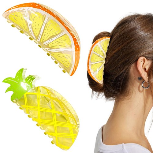 2 PCS Lemon Hair Claw Clips Lemon Hair Clips Cute Fruit Hair Claw Clip Cellulose Acetate Hair Clips Acrylic Hair Claw Clip Strong Hold Clips Hair Jaw Fruit Print Hair Claws for Women Girls