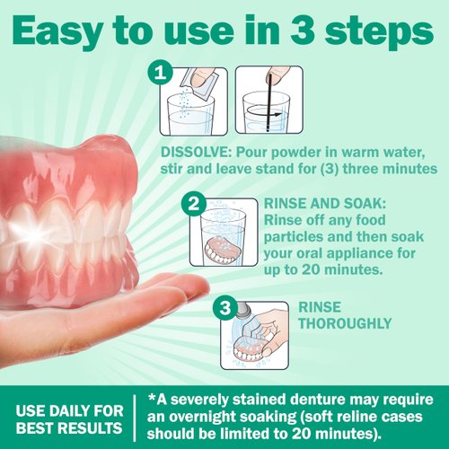 Protech Denture Cleaner (180 Days) Denture Cleanser for Retainers, Mouthguards, and Dentures, Nicotine and Coffee Stains Cleaner, Powder, 6-Month Supply