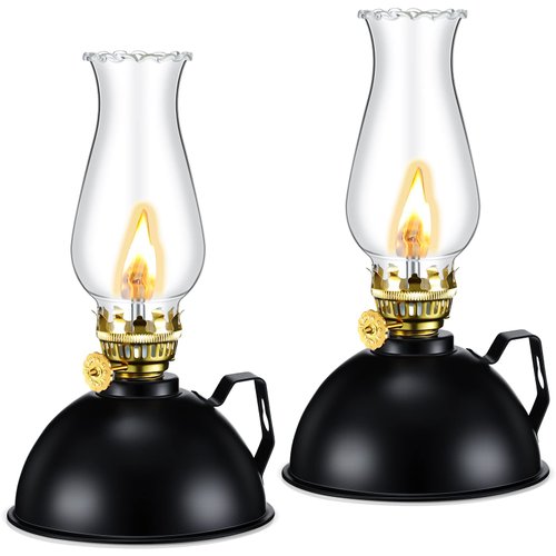 Retisee 2 Pieces Oil Lamp Indoor Kerosene Lamp Lantern Metal Glass Oil Lamps for Indoor Vintage Glass Clear Kerosene Lamp Rustic Oil Lamp with Oil Wick for Indoor Use Home Decor Lighting (Black)