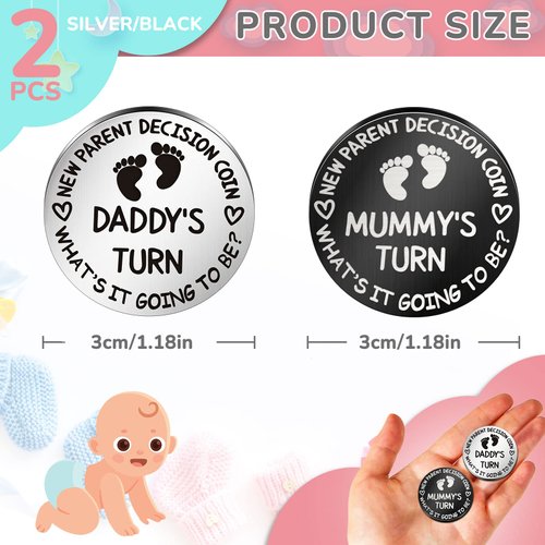 Hicarer 2 Pieces Fun New Parents Decision Coin Double Sided Decision Making Coin New Baby Pregnancy Gift for First Time Mommy Daddy Push Present for Christmas Thanksgiving Sliver and Black
