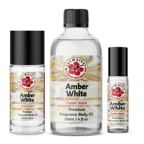 WagsMarket - Amber White Perfume Oil, Choose from 0.33 oz Roll On to 4 oz Glass Bottle (0.33oz Roll On)
