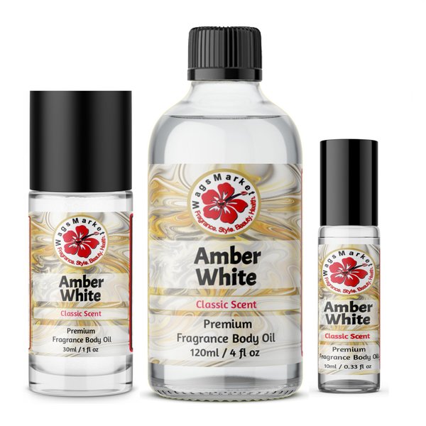 WagsMarket - Amber White Perfume Oil, Choose from 0.33 oz Roll On to 4 oz Glass Bottle (0.33oz Roll On)