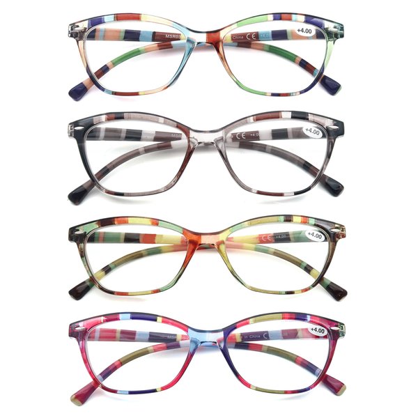 HEEYYOK Women Reading Glasses 4-Pack Colorful 3.00 Readers,Beautiful Pattern Cat Eye Glasses for Reading Lightweigth Flexible Spring Hinge Well Wear Look Younger