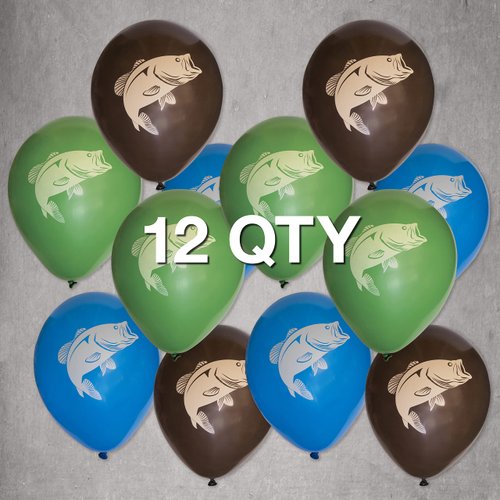 Havercamp Fishing Themed Party Balloons (12 Pcs) Beautiful Bass Print Latex Material, Monster Bass Silhouette, Fish Balloons Decoration Fishing Birthday Party Decorations (Blue,Green,Brown)