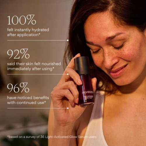 HigherDOSE Light-Activated GLOW SERUM - Anti Aging Face Serum to Plump, Hydrate & Smooth Fine Lines - Made with Vitamin C, Copper Peptides & Hyaluronic Acid - Boosts Benefits of Red Light (1 oz)