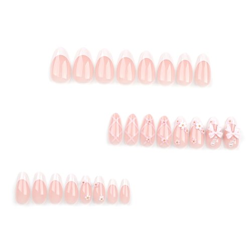 LPOODDNU Medium Almond Press on Nails White French Tips Pink Fake Nails with 3D Flower Bow Charms Acrylic Nails Press ons Cute Design Glue on False Nails Reusable Stick on Nails 24pcs