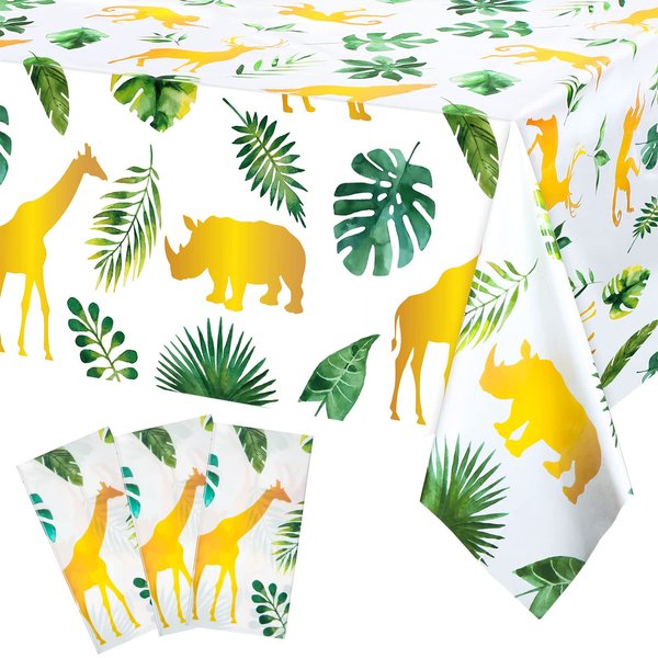 Tudomro 3 Pcs Jungle Safari Tablecloths Plastic Wild One Table Cover Waterproof Jungle Animal Table Cloth Palm Leaves Tablecloth for Kids Safari Theme Party Birthday Party Supplies,108 x 54 Inch
